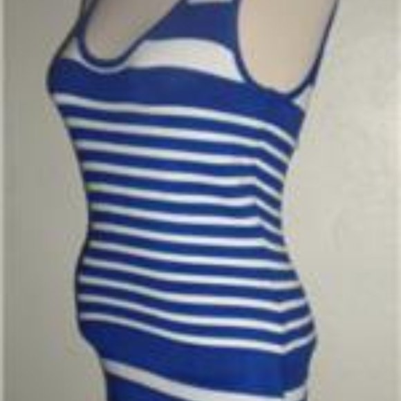 GUESS MS SIZE MEDIUM JEWEL BLUE AND WHITE STRIPED RAYON BLEND SLEEVELESS DRESS - Picture 7 of 7
